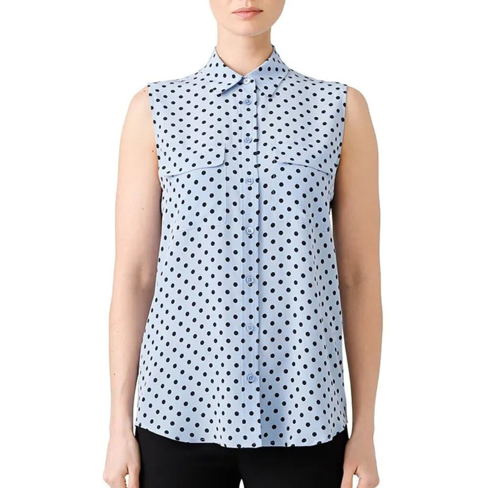 NWOT Equipment Silk Sleeveless Slim Signature Shirt Blue Black Polka Dot Size XS